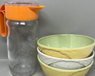 Lot 152 | Anchor Hocking Sunquick Pitcher Basketweave Bowls
