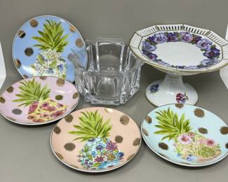 Lot 116 | Garden Party Violet Cake Stand, Pineapple Plates
