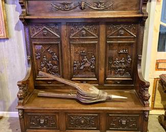 Carved oak pub bench
68.5” wide, 21” deep, 60” wide
$600