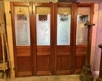 Set of 4 French art nouveau etched glass pub doors
100” wide, 93.75” tall
$1500