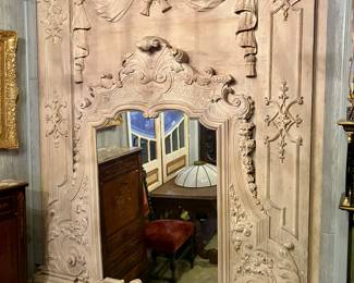 Antique French carved trumeau mirror
71.5” wide, 78.5” tall
$2400
