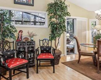 Oriental chairs, screen, artificial trees + dining table and chairs