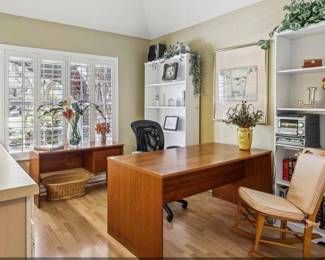 Office Bookshelves, books, floral arrangements and Decor