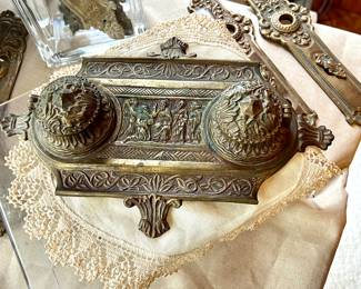 Antique ornate brass double ink well