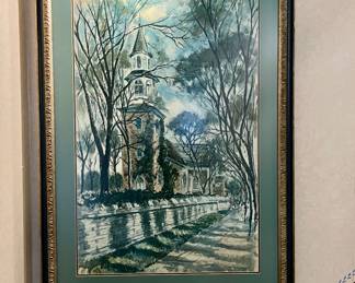 Watercolor by John Haymson of the Bruton Parish Church in Williamsburg