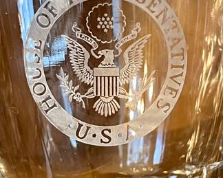 Etched "House of Representatives USA" pitcher and glass
