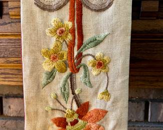 Vtg. Hand stitched crewel floral bell-pull