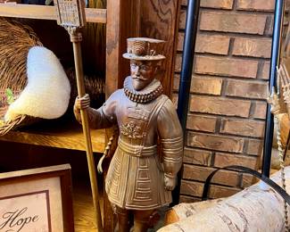 Antique English Beefeater fireside companion, cast iron, fire tools