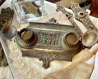 Antique ornate brass double ink well