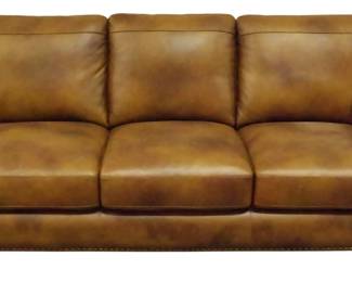 335 - Ash Brown Leather Sofa, Nail Head Trim 36x84x36