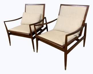 3382 - Pair Modern History Brachisto Walnut Chairs 34 x 26 x 27