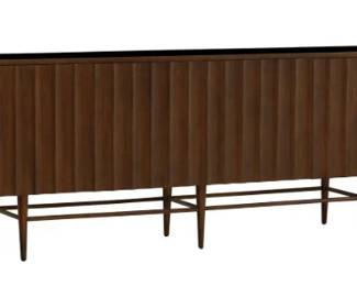 2024 - Alden Home 4 Door Wallace Sideboard The Wallace Sideboard features 4-ribbed front doors accented with an inset glass top, Truffle finish with a black glass inset