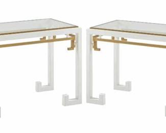 3394 - Pair Modern History Regent End Tables 24 x 34 x 18 The Regent End Table from Modern History is a neo - classically inspired replica of a european design. With a white lacquer finish, gold leaf decorative stretchers and table top trim, and clear glass top.