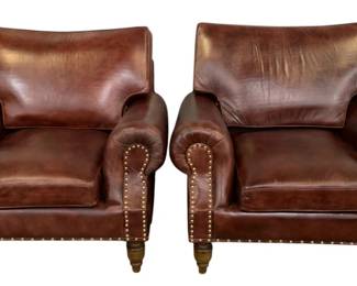 3237 - Pair Alma Arte Leather Armchairs w/ Nail Head Trim Eminence Mocha 41 x 34 x 37