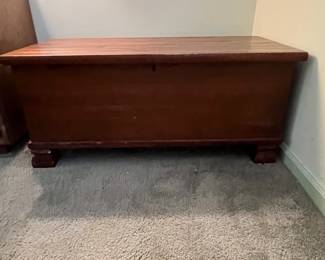 P17 - $30. Pottery Barn Tristan Trunk. Not cedar lined. Inside Latch and foot need repair. Measures 39.75" x 19" deep x 17.25" tall.