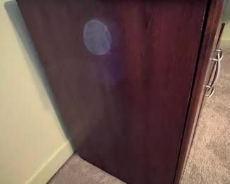 P31 - $30. Office Desk. In good condition and sturdy! Measures 58" long x 19.5" deep on one side and 39" deep on the larger side.