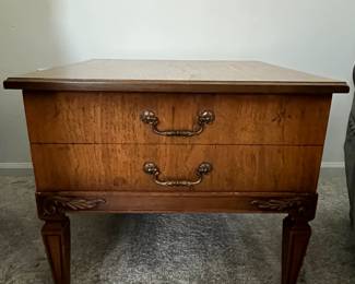 P24 - $80 PAIR of American of Martinsville Side Tables. Single drawer. Both slide easily. Measures 24" square x 22" tall.