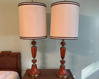 P15 - $100 PAIR of MCM Table Lamps in great condition. Measures 42" tall to to of finial. Shades are in great shape!