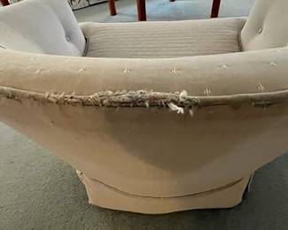 P26 - $40 PAIR of Barrel Chairs. One needs leg repair. Both need recovered. Great shapes for project pieces! Measures 30" wide x 32" deep x 24" tall.