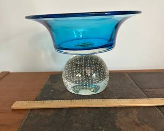 P45 - $140. Controlled Bubble Glass Footed Bowl. I believe it is Carl Erickson. Measures 8" wide x 5.75" tall.