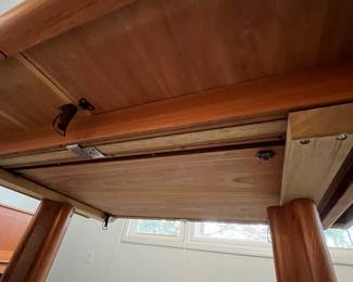 P4 - $275. Table Only! Edward Valentinsen. Drylund Dining Table. Has 2 leaves that store inside/under the table when not in use. Measures 41" wide x 63" long x 27.5" tall. Each leaf adds 18.75". One leaf has minor surface damage and one ring on the top where it looks like a plant was left.