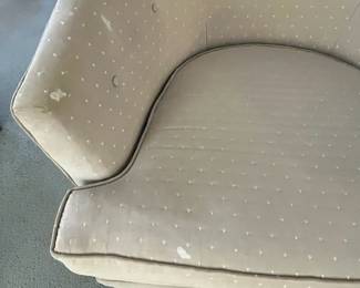 P26 - $40 PAIR of Barrel Chairs. One needs leg repair. Both need recovered. Great shapes for project pieces! Measures 30" wide x 32" deep x 24" tall.