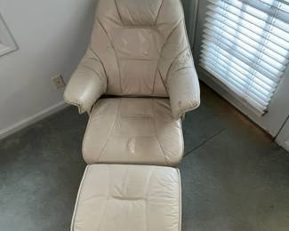 P6 - $75. Unico Denmark Chair and Ottoman. Ottoman is in good condition measures 20" wide x 15" x 15" tall. Chair is in *rough* condition. Leather is good and not torn but the frame needs some serious work. Measures 30.5" wide x 37" deep x 33" tal.