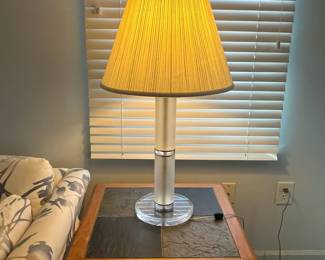 P12 - $300. Set of 3 Vintage Lucite Lamps. Floor Lamp is 61" tall - shade is ok. PAIR of Table Lamps are 34" tall (need new shades)