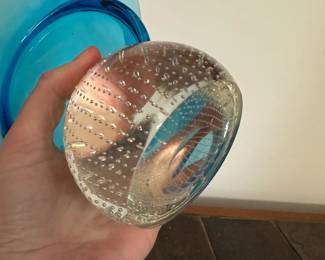 P45 - $140. Controlled Bubble Glass Footed Bowl. I believe it is Carl Erickson. Measures 8" wide x 5.75" tall.