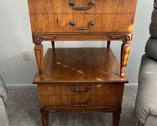 P24 - $80 PAIR of American of Martinsville Side Tables. Single drawer. Both slide easily. Measures 24" square x 22" tall.