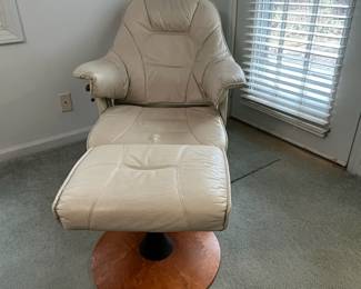 P6 - $75. Unico Denmark Chair and Ottoman. Ottoman is in good condition measures 20" wide x 15" x 15" tall. Chair is in *rough* condition. Leather is good and not torn but the frame needs some serious work. Measures 30.5" wide x 37" deep x 33" tal.