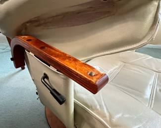 P6 - $75. Unico Denmark Chair and Ottoman. Ottoman is in good condition measures 20" wide x 15" x 15" tall. Chair is in *rough* condition. Leather is good and not torn but the frame needs some serious work. Measures 30.5" wide x 37" deep x 33" tal.