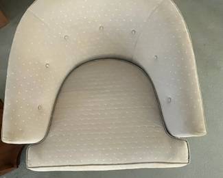 P26 - $40 PAIR of Barrel Chairs. One needs leg repair. Both need recovered. Great shapes for project pieces! Measures 30" wide x 32" deep x 24" tall.