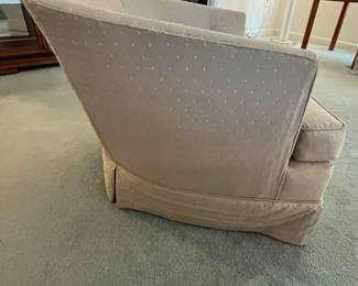 P26 - $40 PAIR of Barrel Chairs. One needs leg repair. Both need recovered. Great shapes for project pieces! Measures 30" wide x 32" deep x 24" tall.