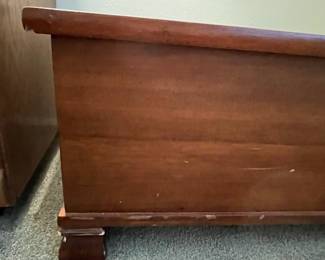 P17 - $30. Pottery Barn Tristan Trunk. Not cedar lined. Inside Latch and foot need repair. Measures 39.75" x 19" deep x 17.25" tall.