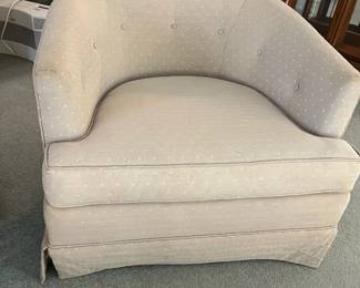 P26 - $40 PAIR of Barrel Chairs. One needs leg repair. Both need recovered. Great shapes for project pieces! Measures 30" wide x 32" deep x 24" tall.
