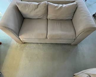 P21 - $30. Bauhaus Loveseat. Measures 65" wide 34" deep x 26" tall. Floor to seat is 17". Good vintage condition - back has a cut near the floor.