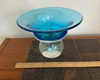 P45 - $140. Controlled Bubble Glass Footed Bowl. I believe it is Carl Erickson. Measures 8" wide x 5.75" tall.