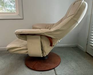 P6 - $75. Unico Denmark Chair and Ottoman. Ottoman is in good condition measures 20" wide x 15" x 15" tall. Chair is in *rough* condition. Leather is good and not torn but the frame needs some serious work. Measures 30.5" wide x 37" deep x 33" tal.