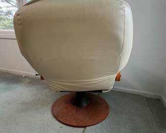 P6 - $75. Unico Denmark Chair and Ottoman. Ottoman is in good condition measures 20" wide x 15" x 15" tall. Chair is in *rough* condition. Leather is good and not torn but the frame needs some serious work. Measures 30.5" wide x 37" deep x 33" tal.