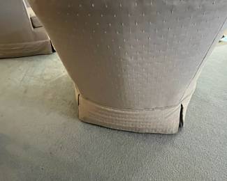 P26 - $40 PAIR of Barrel Chairs. One needs leg repair. Both need recovered. Great shapes for project pieces! Measures 30" wide x 32" deep x 24" tall.