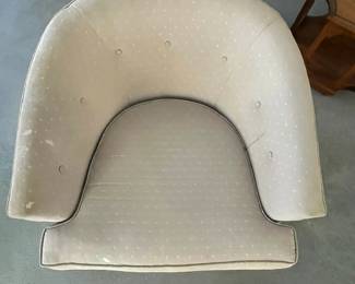 P26 - $40 PAIR of Barrel Chairs. One needs leg repair. Both need recovered. Great shapes for project pieces! Measures 30" wide x 32" deep x 24" tall.