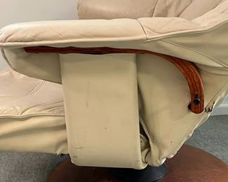 P6 - $75. Unico Denmark Chair and Ottoman. Ottoman is in good condition measures 20" wide x 15" x 15" tall. Chair is in *rough* condition. Leather is good and not torn but the frame needs some serious work. Measures 30.5" wide x 37" deep x 33" tal.