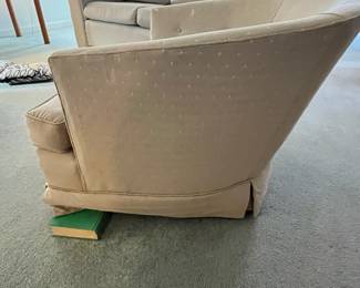 P26 - $40 PAIR of Barrel Chairs. One needs leg repair. Both need recovered. Great shapes for project pieces! Measures 30" wide x 32" deep x 24" tall.