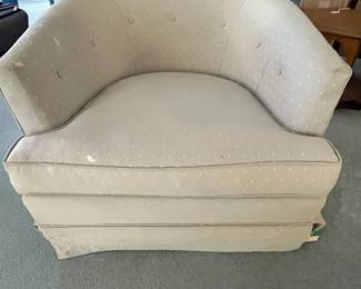 P26 - $40 PAIR of Barrel Chairs. One needs leg repair. Both need recovered. Great shapes for project pieces! Measures 30" wide x 32" deep x 24" tall.