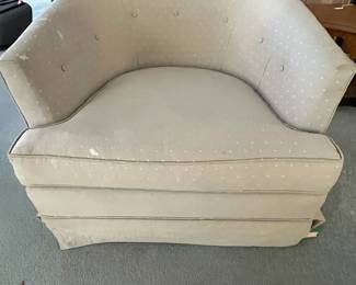 P26 - $40 PAIR of Barrel Chairs. One needs leg repair. Both need recovered. Great shapes for project pieces! Measures 30" wide x 32" deep x 24" tall.
