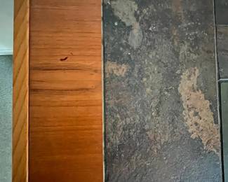 P7 - $100. Gangso Mobler Teak & Slate Credenza. Needs repair - one handle is broken. Generally needs tightened up. Measures 66.5" wide x 17.75" deep x 30" tall.