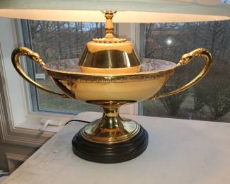 Brass 'Urn' style mint lamp with snake head handles.