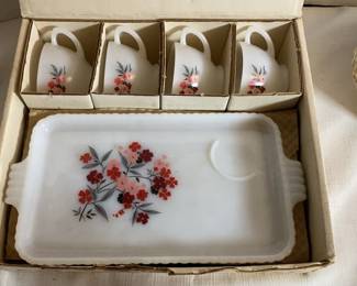 06 Vintage Anchor Hocking Milk Glass Snack Set, Gold Rimmed Plates Mixing Bowl
