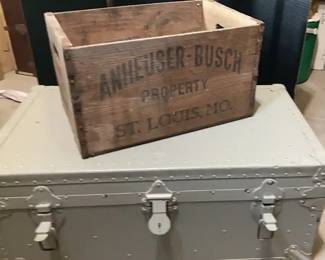 Vintage Metal Foot Locker, Anheuser Busch Wooden Crate, Clothes Valet